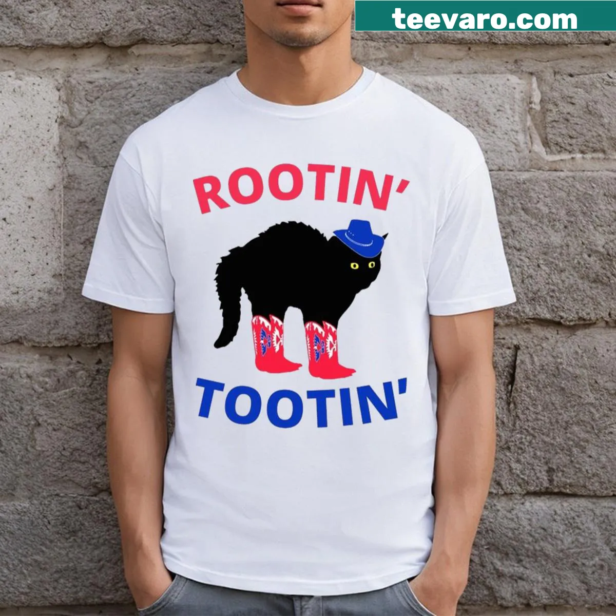Playful graphic design featuring a whimsical cat illustration. — on a men's t-shirt