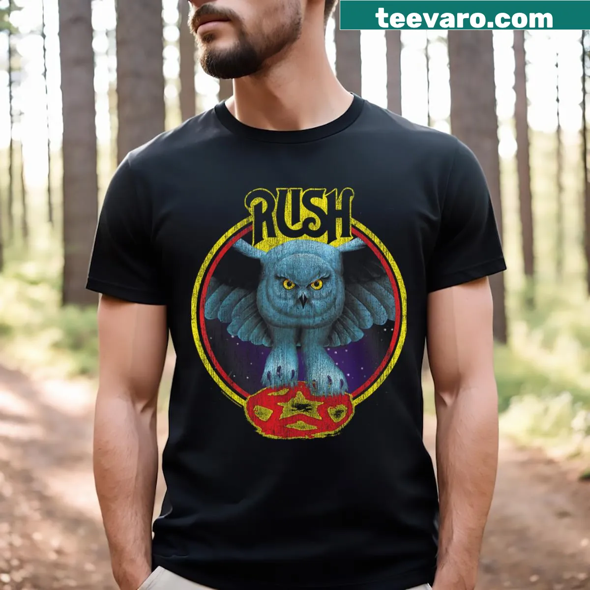 Minimalist silhouette t-shirt inspired by Rush's 'Fly By Night' — on a men's t-shirt