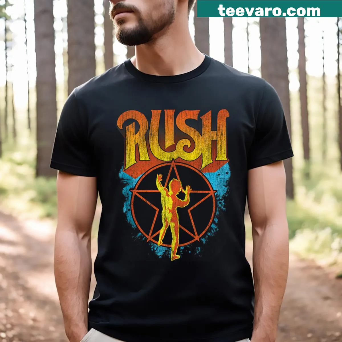 T-shirt featuring an emblematic design celebrating Rush's 'Starman' — on a men's t-shirt