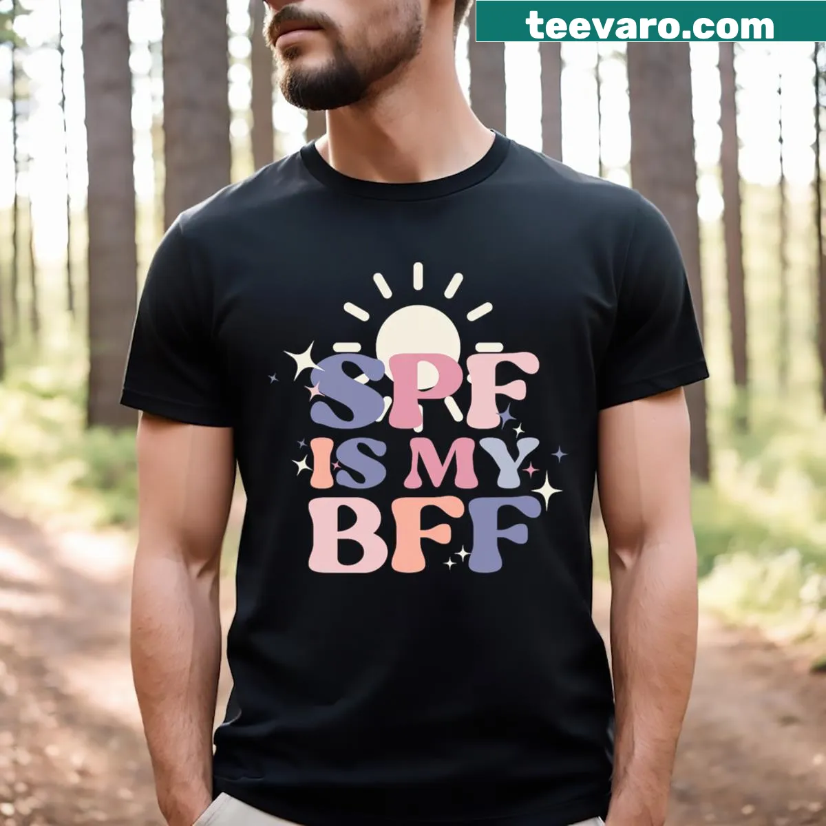 T-shirt featuring the phrase 'SPF Is My BFF' promoting sunscreen use — on a men's t-shirt