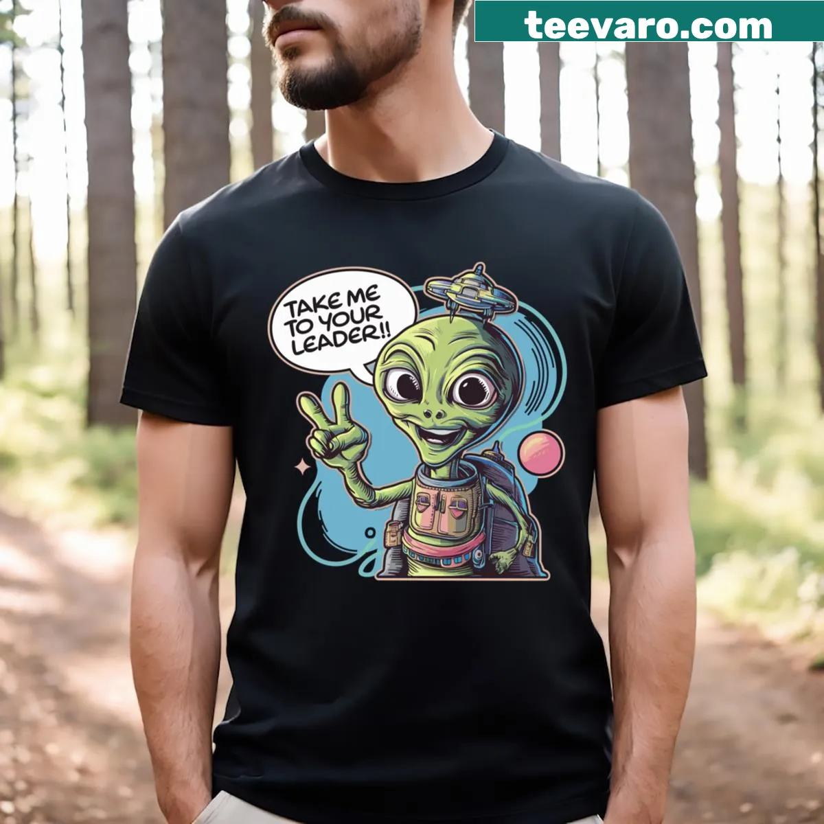 Cute alien graphic T-shirt with humorous text — on a men's t-shirt