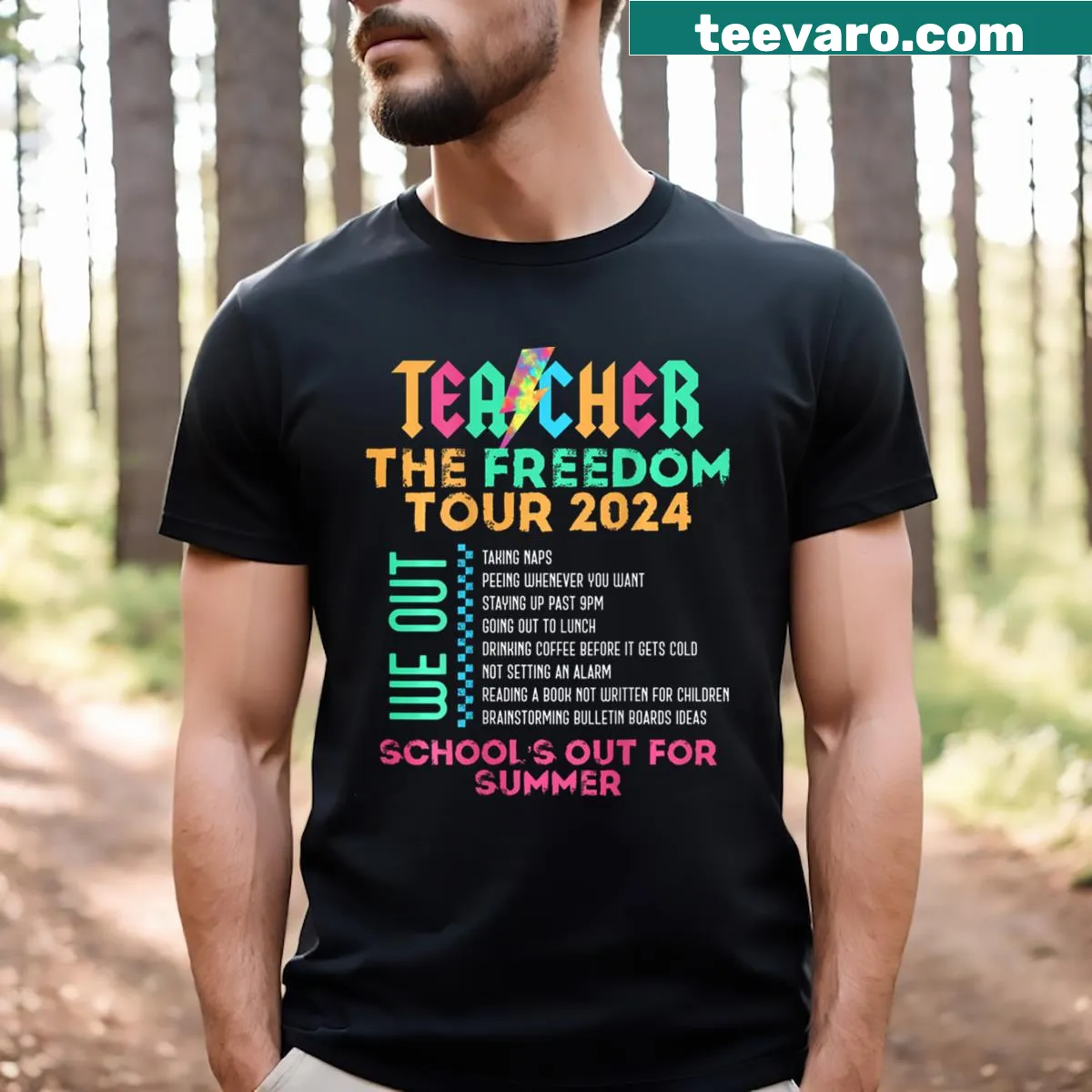 T-shirt celebrating the last day of school with 'Freedom Tour 2024' for teachers. — on a men's t-shirt