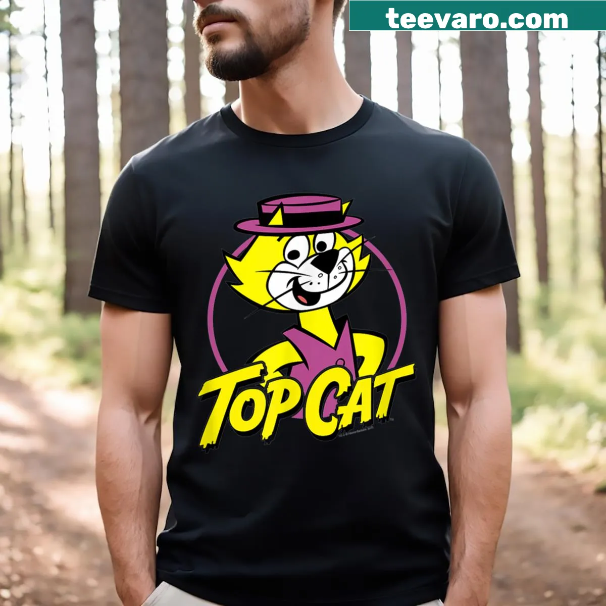 Whimsical cat t-shirt with playful circular design — on a men's t-shirt