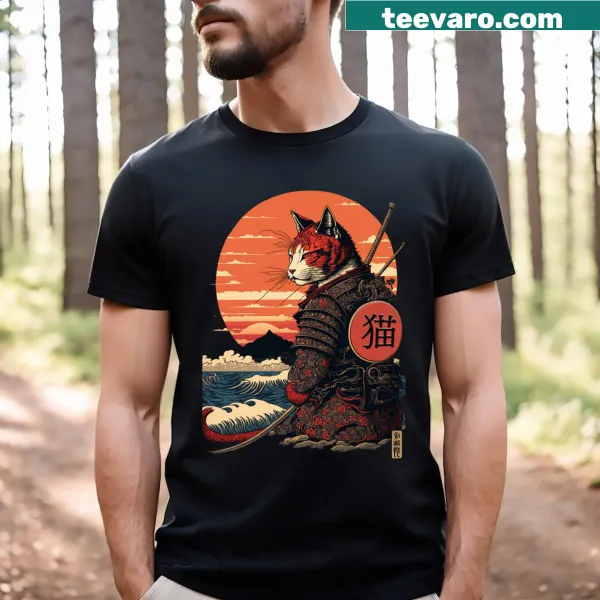 T-shirt featuring an Ukiyo E style illustration of a samurai cat