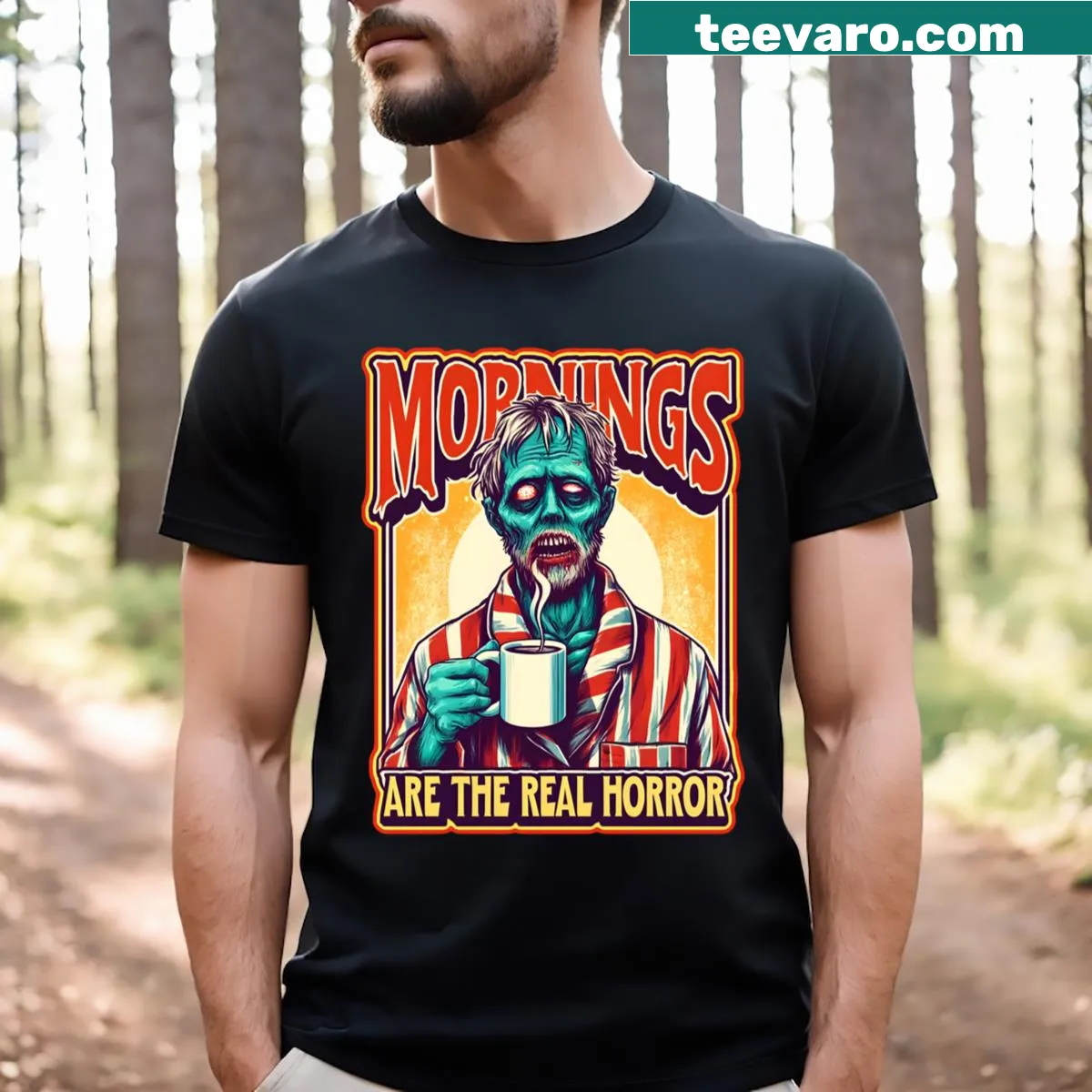 Funny vintage zombie t-shirt with an anti-mornings theme — on a men's t-shirt