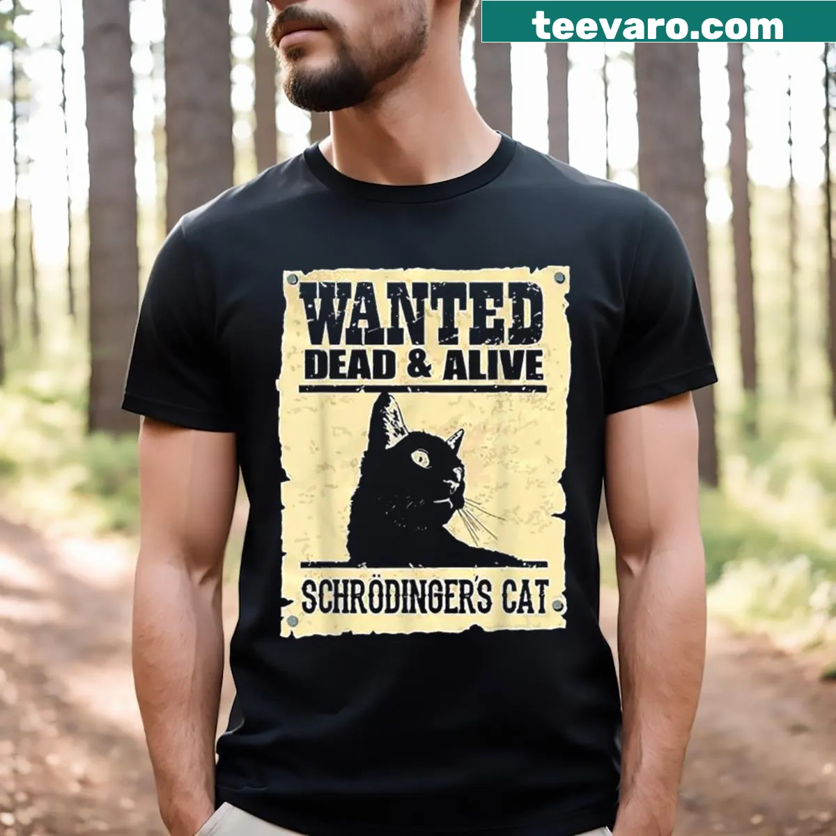 Schrodinger's cat themed t-shirt with a bold typography design — on a men's t-shirt