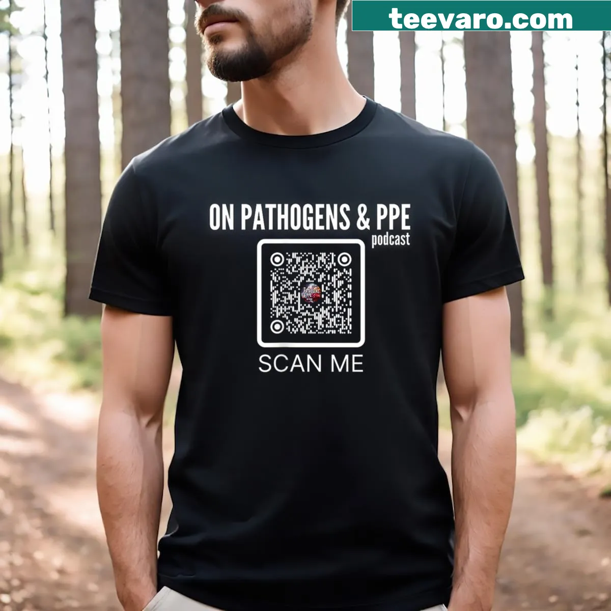 V-neck tee highlighting pathogens and PPE, designed for health advocates. — on a men's t-shirt