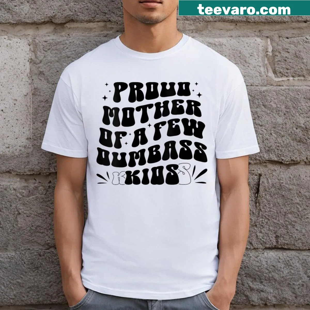 Humorous text V-neck T-shirt for proud mothers and stepmoms — on a men's t-shirt