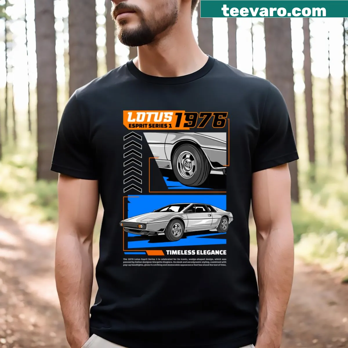 Vintage silhouette design of the 1976 Lotus Series 1 sport car. — on a men's t-shirt