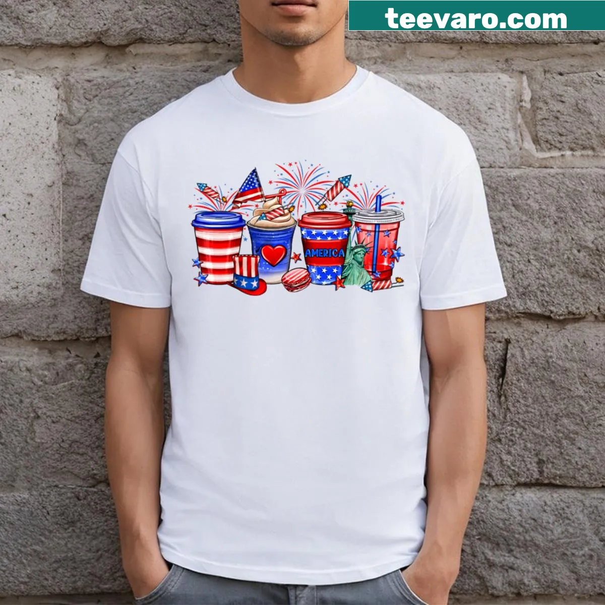 Patriotic T-shirt with coffee cups design for Independence Day — on a men's t-shirt