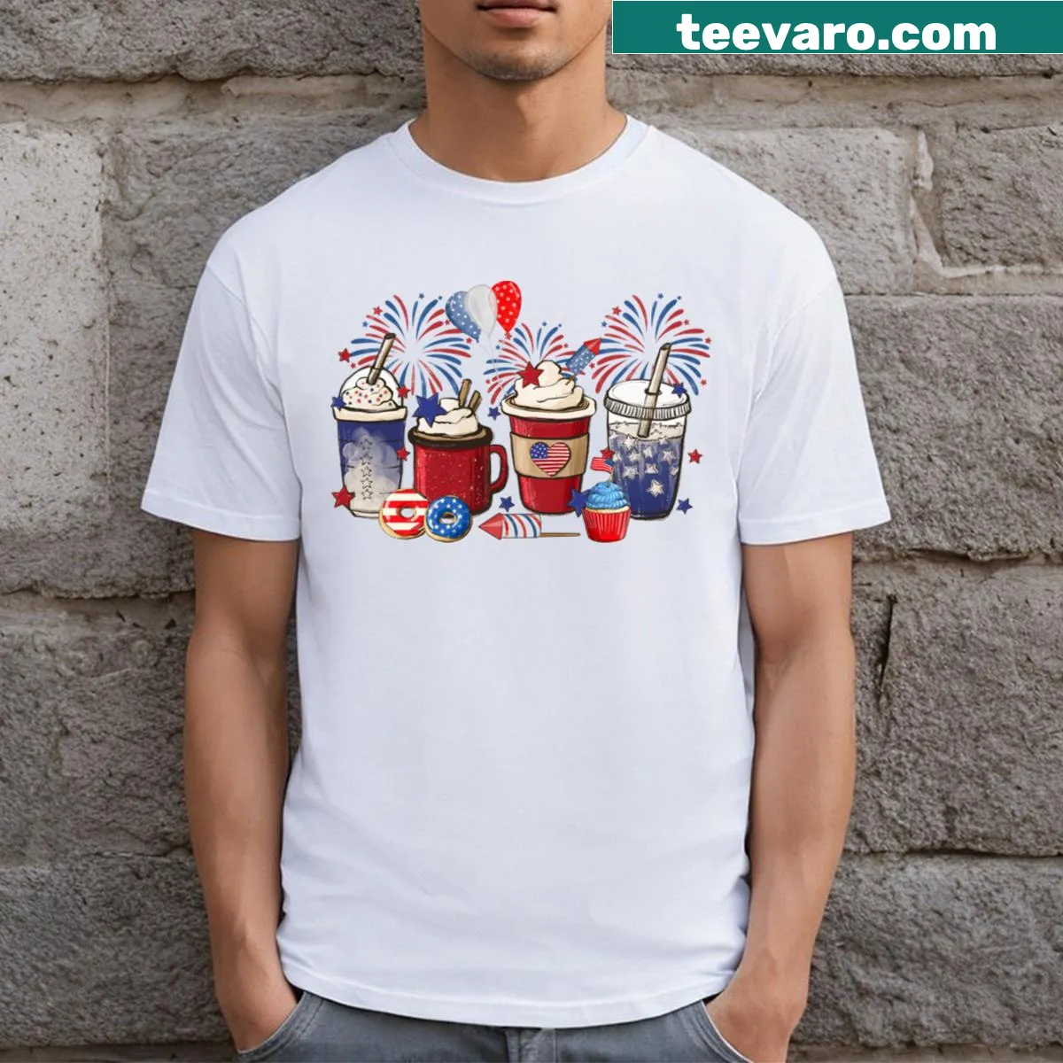Patriotic T-shirt with red and blue ice cream and coffee graphic — on a men's t-shirt