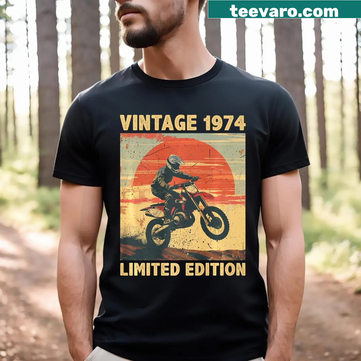 Vintage-style T-shirt featuring a motocross bike design for a 50th birthday — on a men's t-shirt