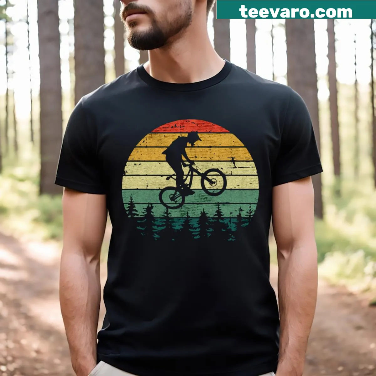 Illustrative Adventure Outdoor Bike t-shirt with cyclist and mountains — on a men's t-shirt