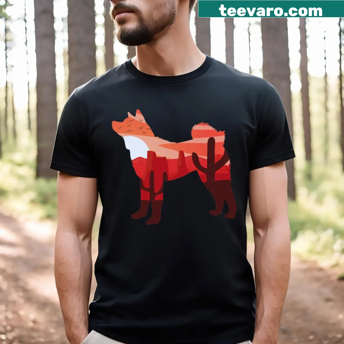 American Akita landscape illustration t-shirt — on a men's t-shirt