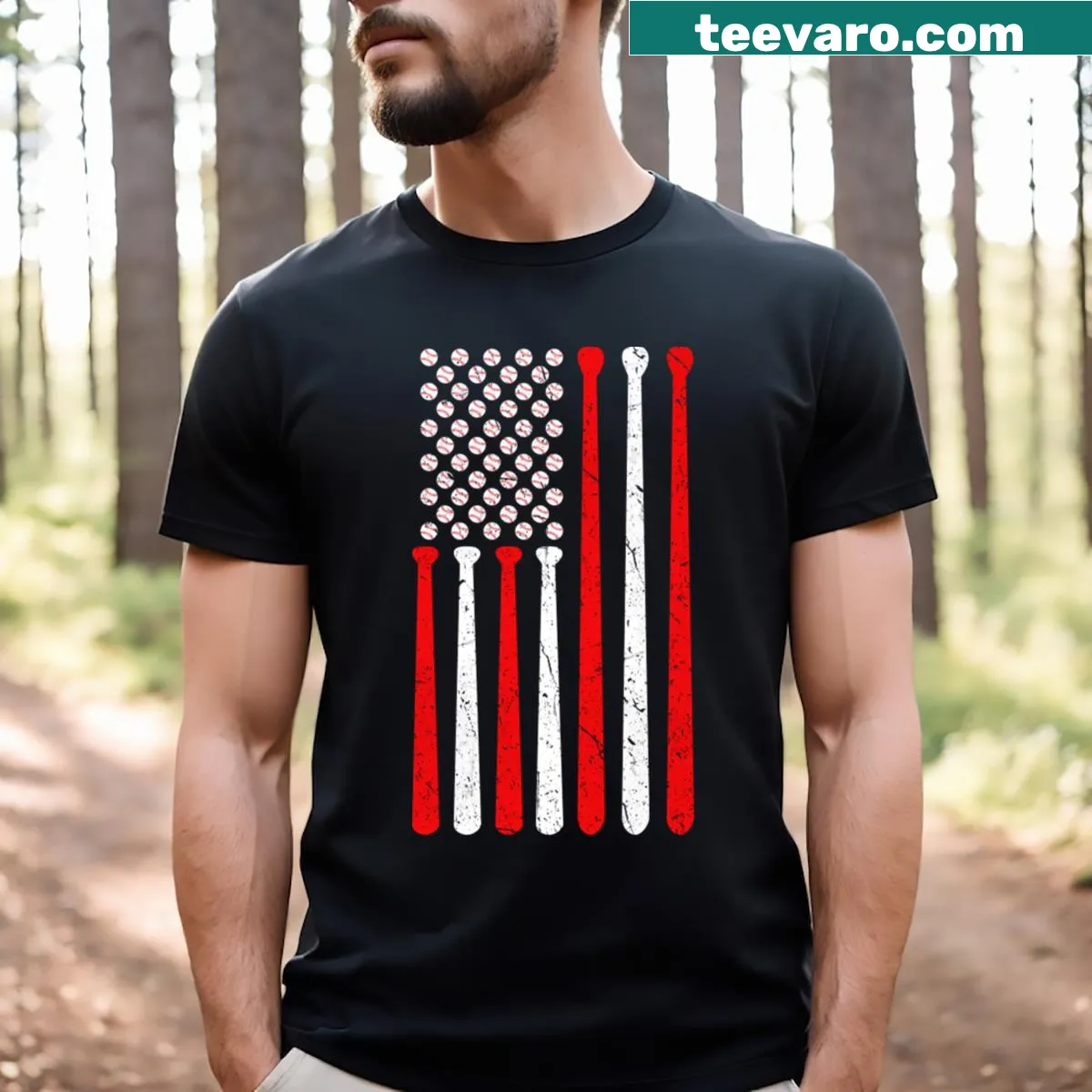 American flag T-shirt with baseball graphic for Fourth of July — on a men's t-shirt