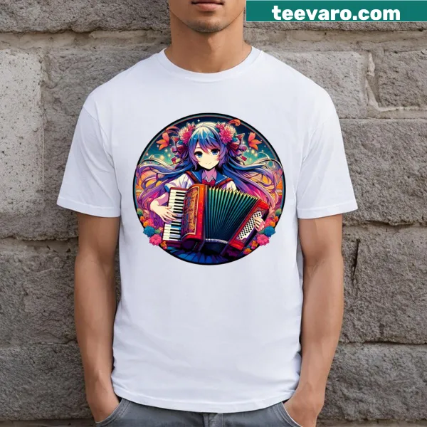 Playful anime-themed T-shirt featuring an accordion design.
