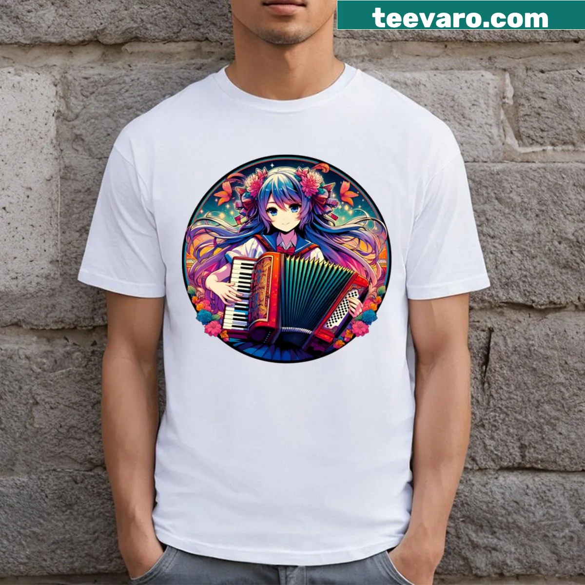 Playful anime-themed T-shirt featuring an accordion design. — on a men's t-shirt