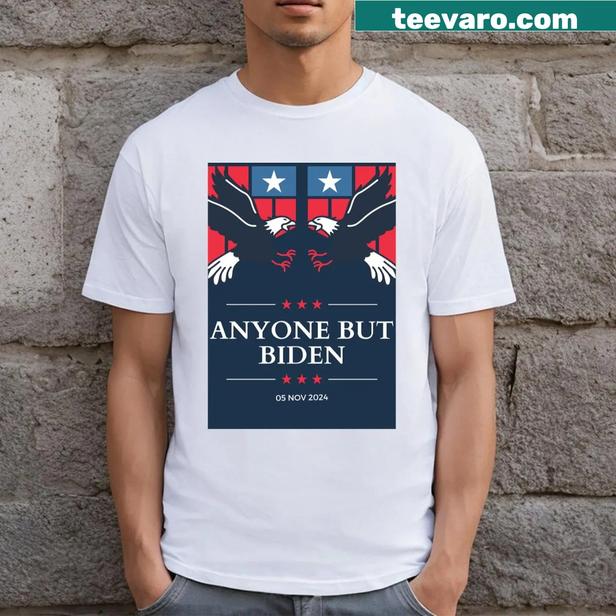 Anyone But Biden T-shirt with humorous text — on a men's t-shirt