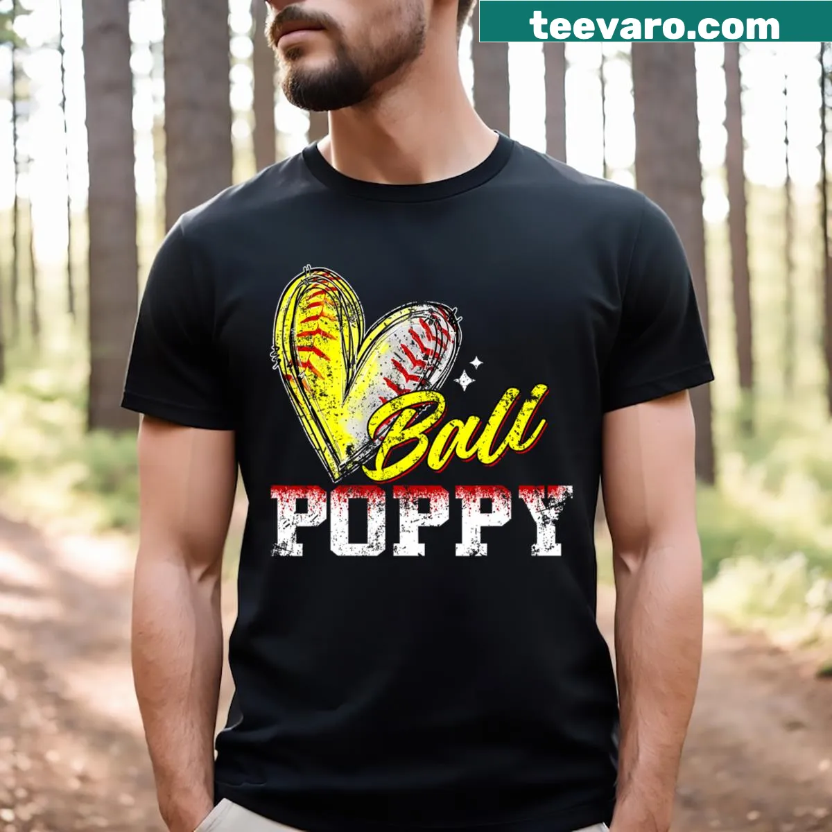 Funny baseball shirt with 'Ball Poppy Heart' text — on a men's t-shirt