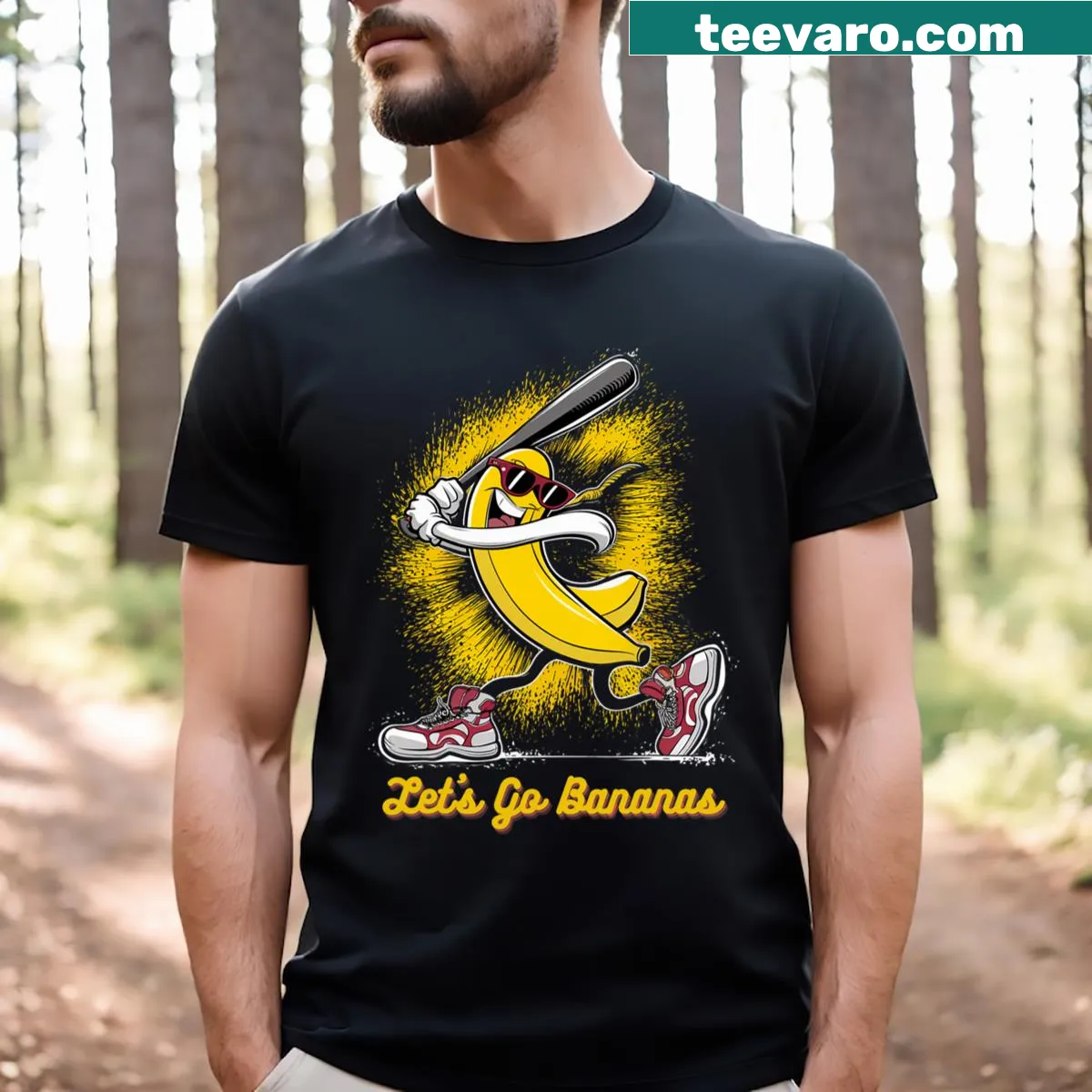Cartoon banana playing baseball on T-shirt — on a men's t-shirt