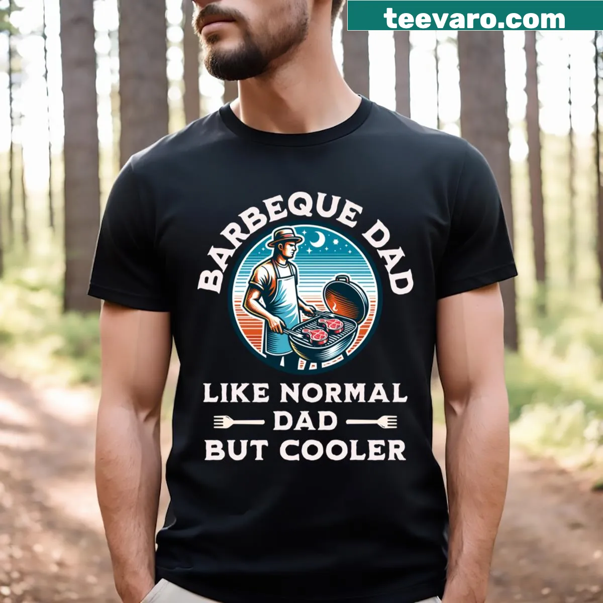 Funny T-shirt for dads with the slogan 'Barbeque Dad Like Normal But Cooler' — on a men's t-shirt