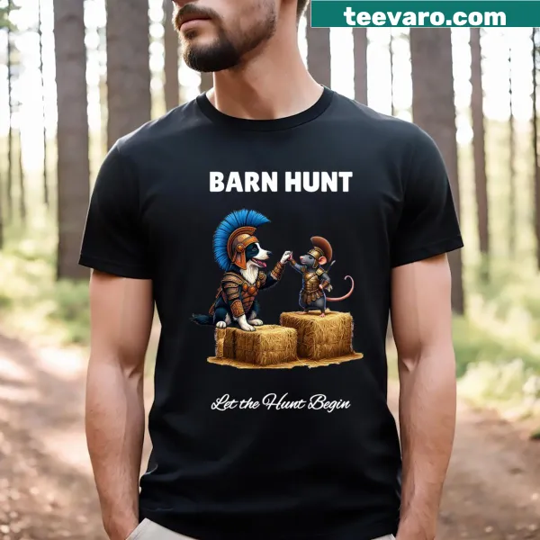 Illustration of a rat and Border Collie in a barn hunting theme