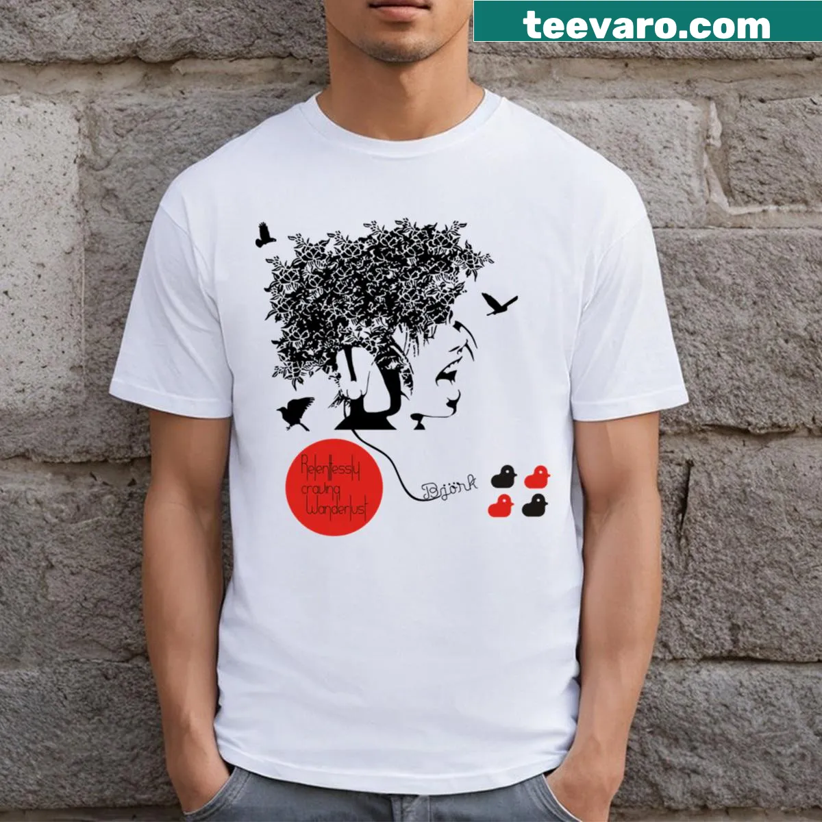 Artistic graphic T-shirt inspired by Bjork's All Is Full Of Love — on a men's t-shirt