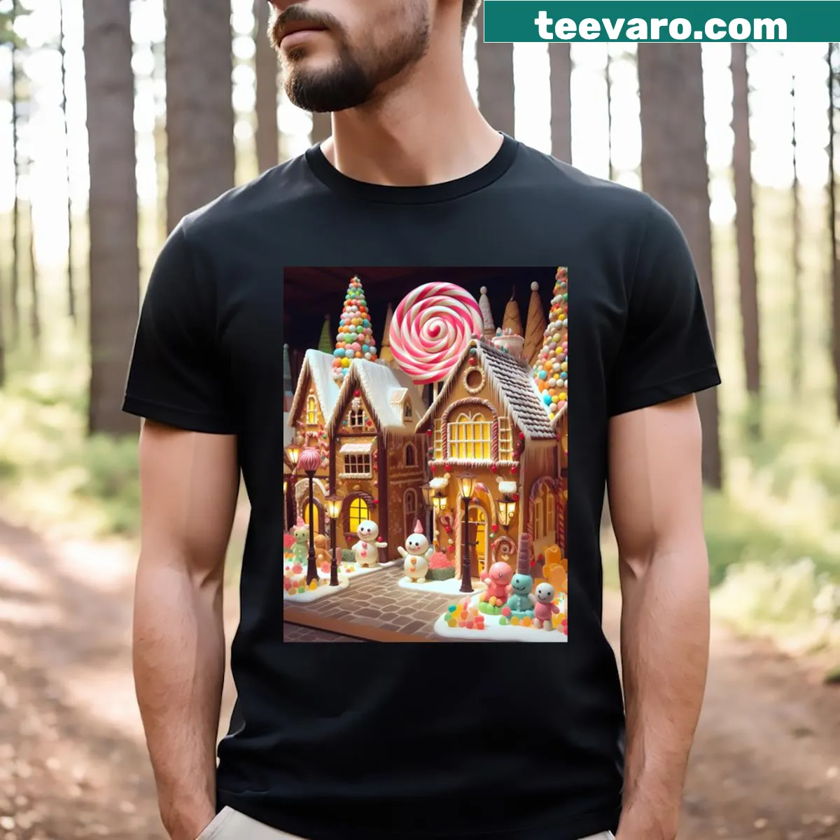 Playful Candy Village illustration on T-shirt featuring candy houses and characters. — on a men's t-shirt