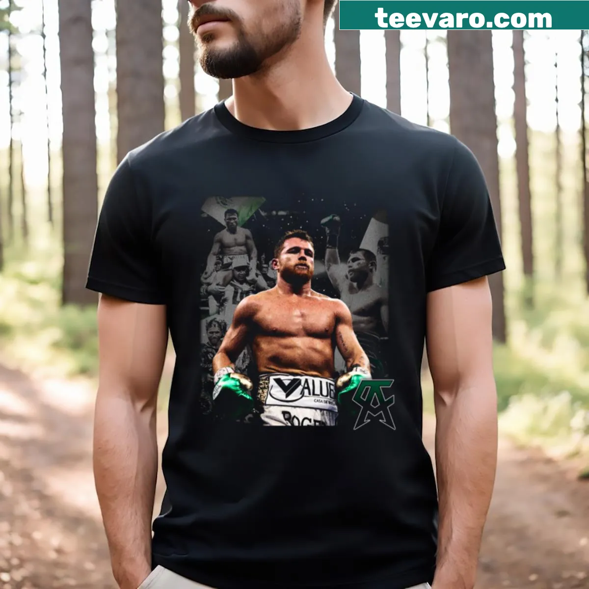 Retro T-shirt featuring Canelo Alvarez with classic boxing imagery — on a men's t-shirt