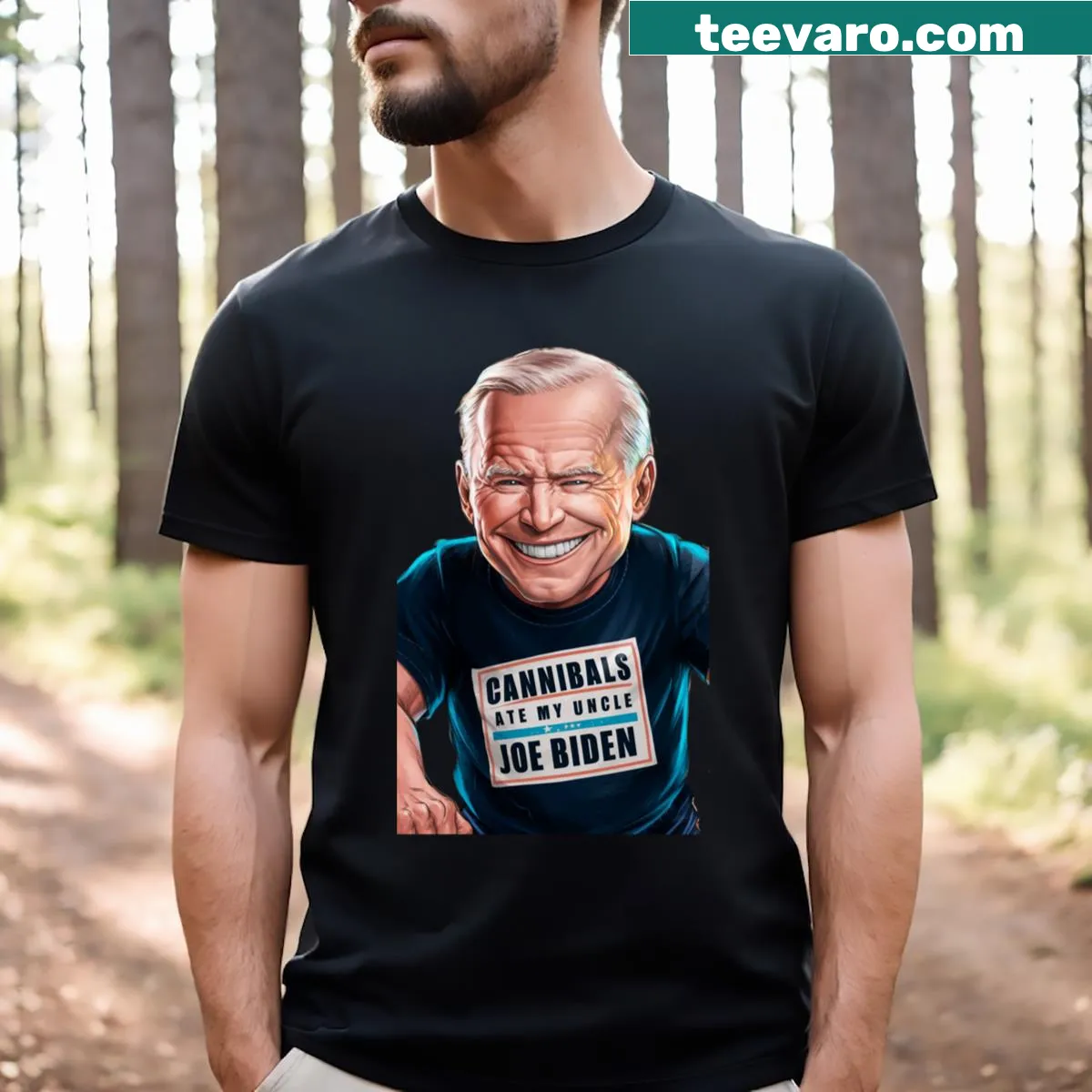 T-shirt with humorous text about cannibals and Uncle Joe Biden. — on a men's t-shirt