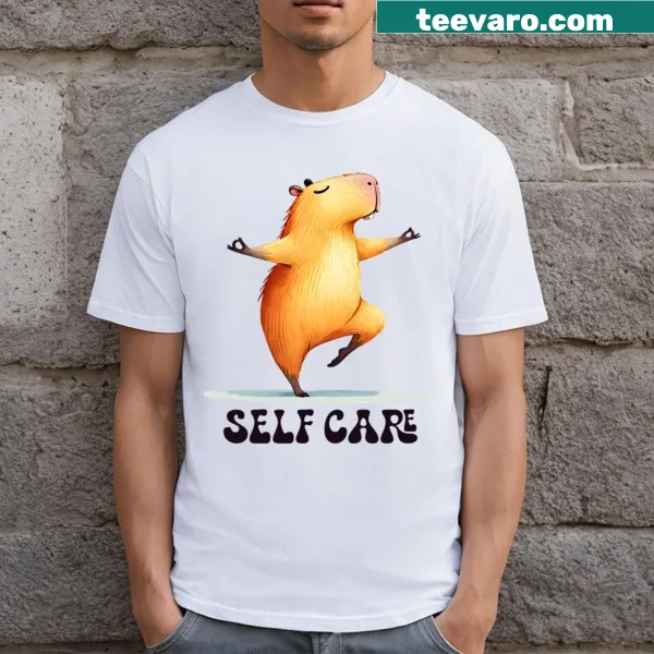 Illustration of a capybara promoting self-care on a T-shirt.