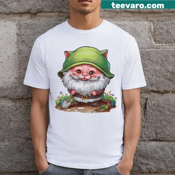 Whimsical cat gnome illustration on T-shirt