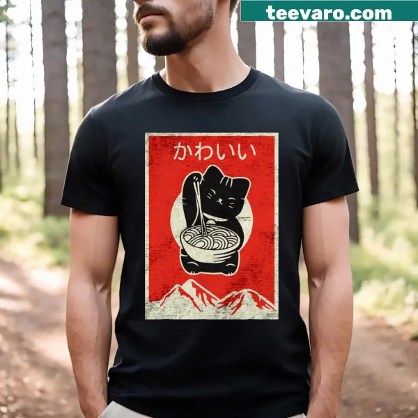 Whimsical cat in a bowl of ramen graphic on T-shirt