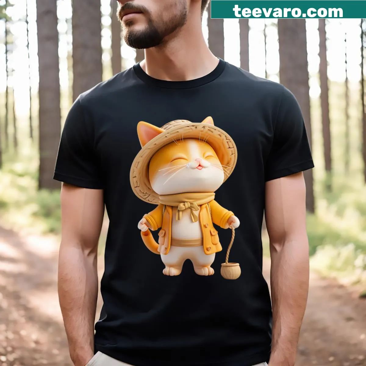 Charming cat in hat and jacket holding a stick graphic on T-shirt — on a men's t-shirt
