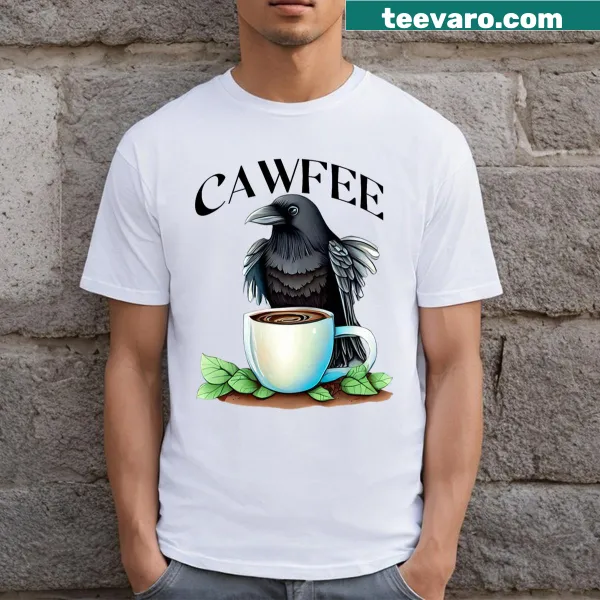 Funny design with a crow on a coffee cup and leaves