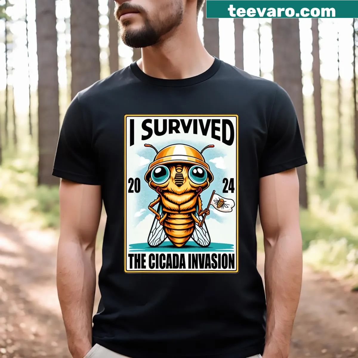 Cartoon graphic of cicadas on T-shirt marking their 2024 return — on a men's t-shirt