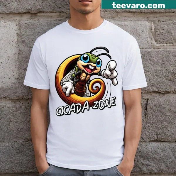 Humorous cicada cartoon graphic T-shirt showcasing the emergence of cicadas.