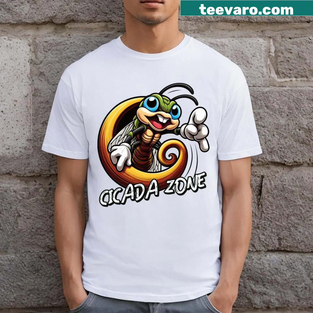 Humorous cicada cartoon graphic T-shirt showcasing the emergence of cicadas. — on a men's t-shirt