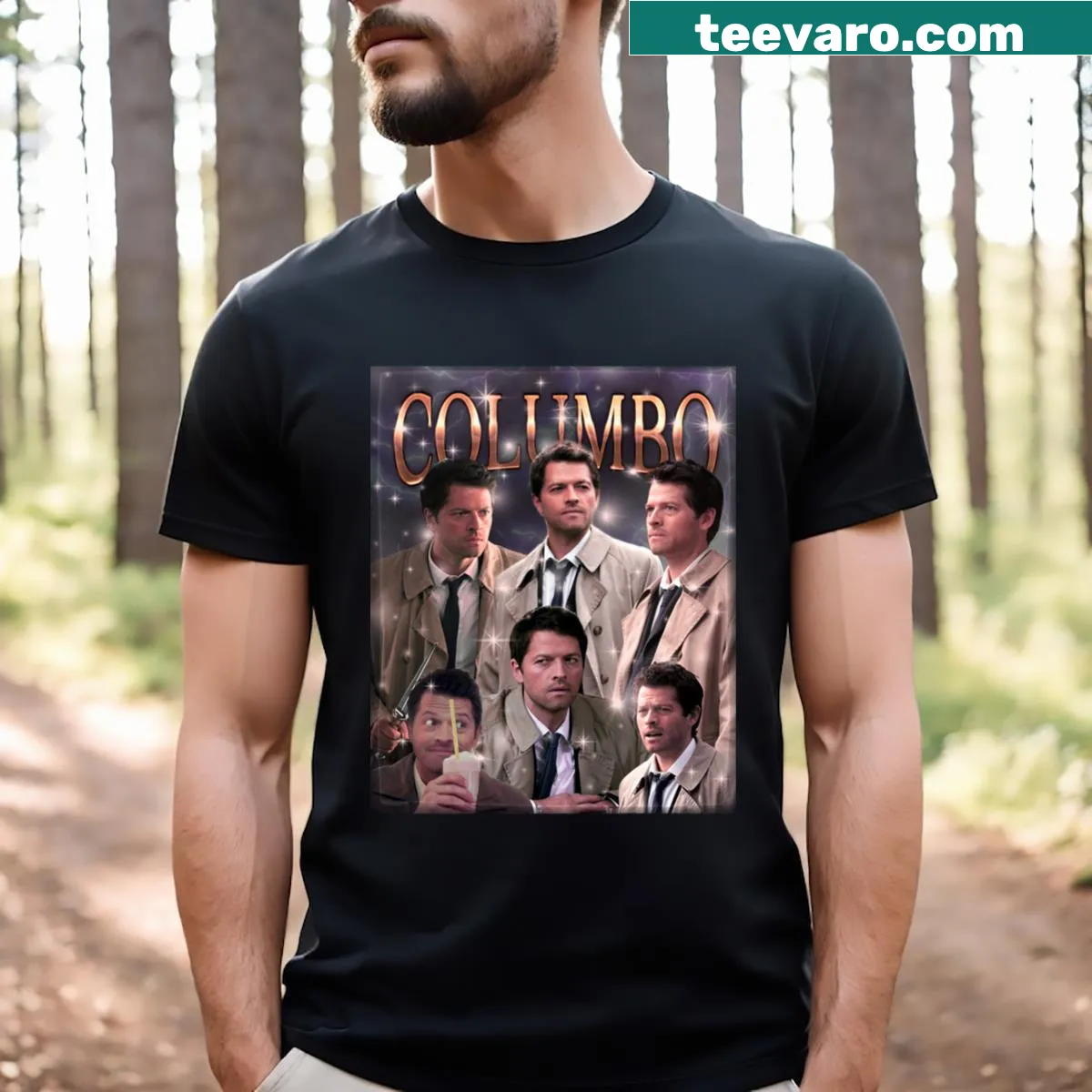 Nostalgic T-shirt featuring Columbo and Castiel illustrations. — on a men's t-shirt