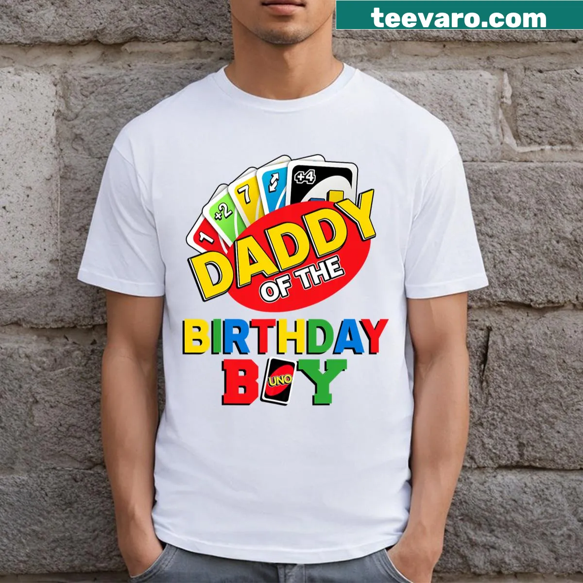 Fun T-shirt for dads with 'Daddy Of The Birthday Boy' text — on a men's t-shirt