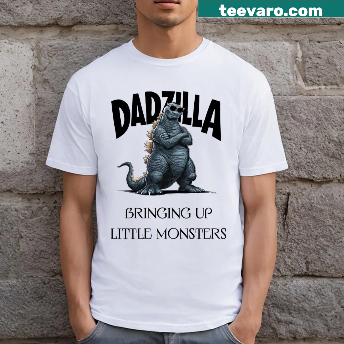Funny Dadzilla t-shirt with monster dad illustration — on a men's t-shirt