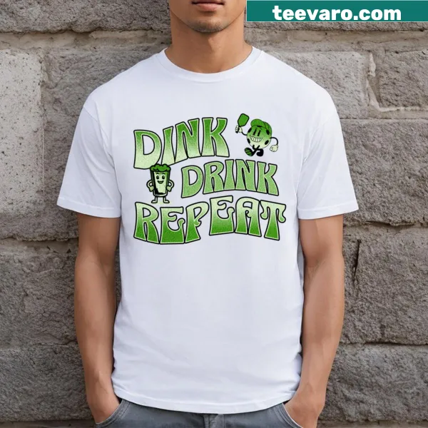 Funny pickleball t-shirt with the phrase 'Dink Drink Repeat' featured