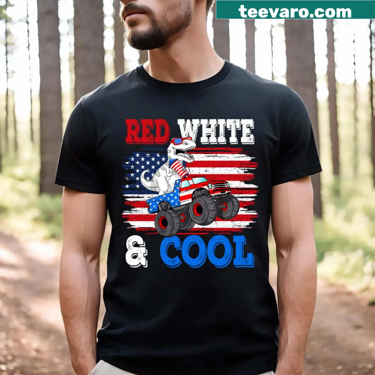 T-shirt featuring a dinosaur in a monster truck with an American flag — on a men's t-shirt