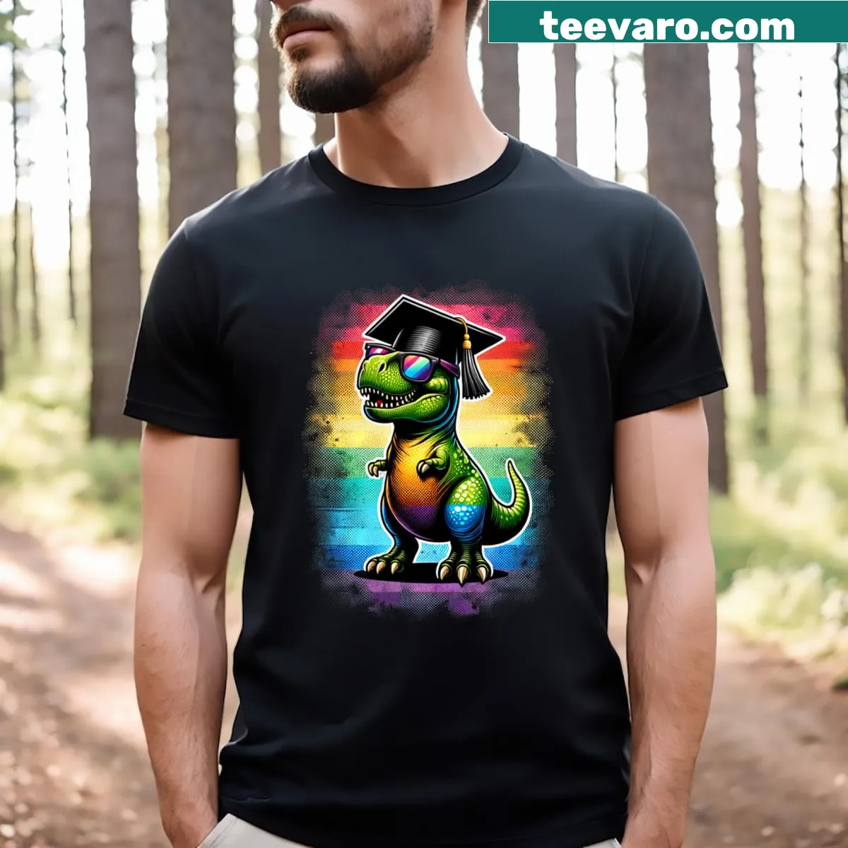T-shirt with T-Rex wearing a graduation cap for Class of 2024 — on a men's t-shirt