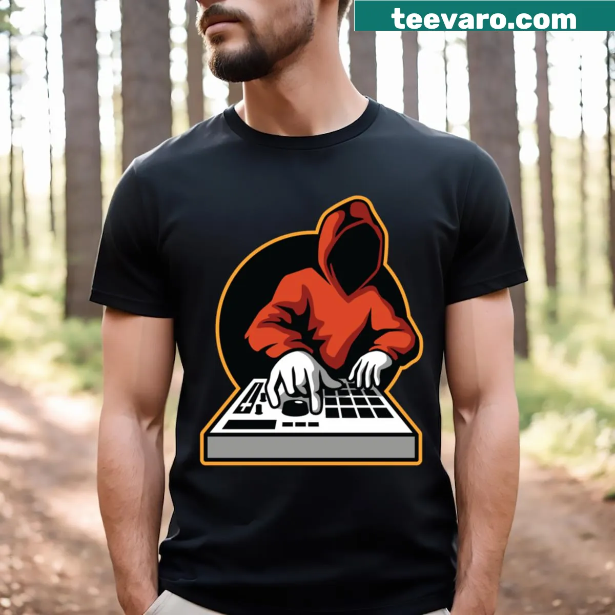 T-shirt featuring a dynamic design representing DJ and electronic music culture — on a men's t-shirt