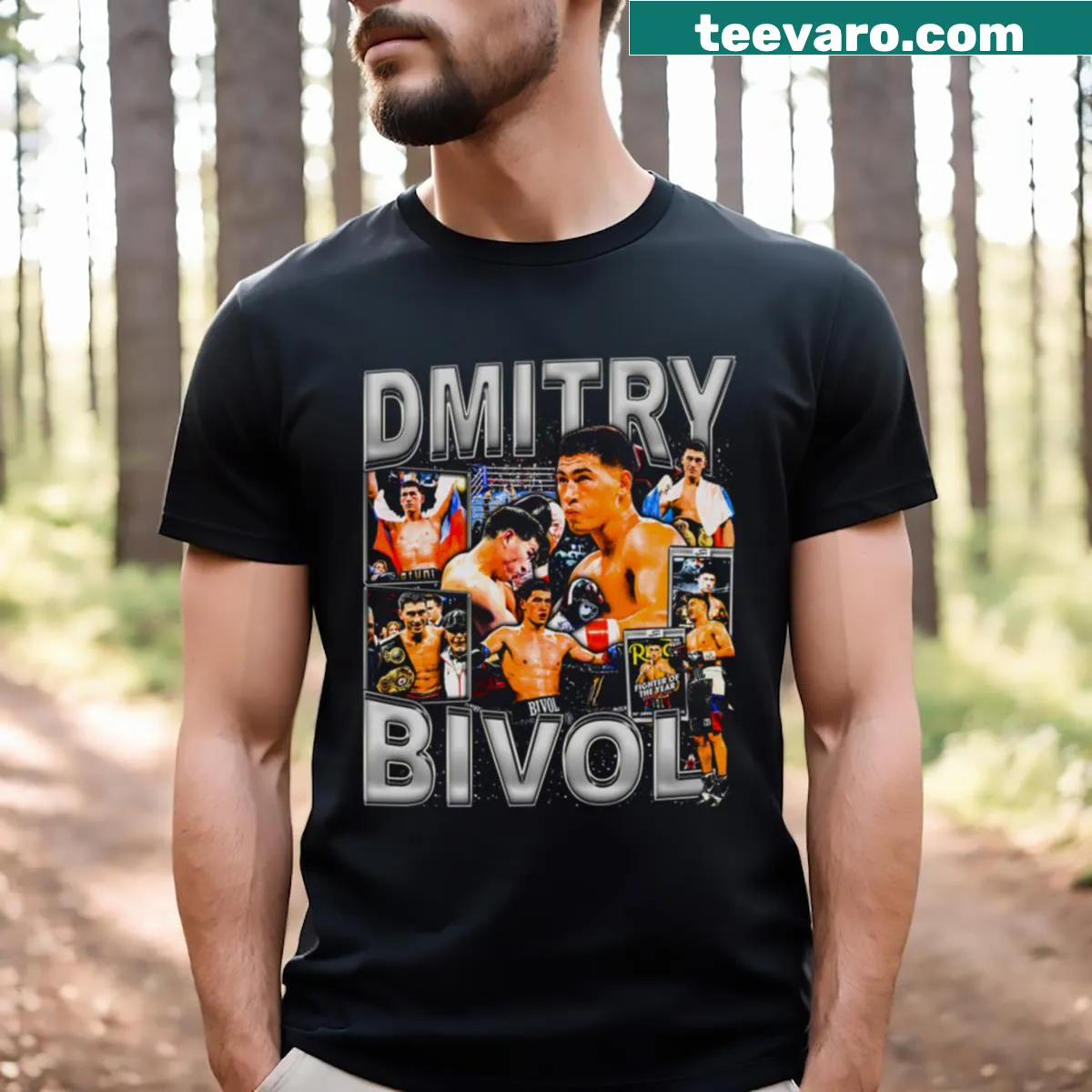 Vintage-style T-shirt honoring boxer Dmitry Bivol with retro graphic — on a men's t-shirt