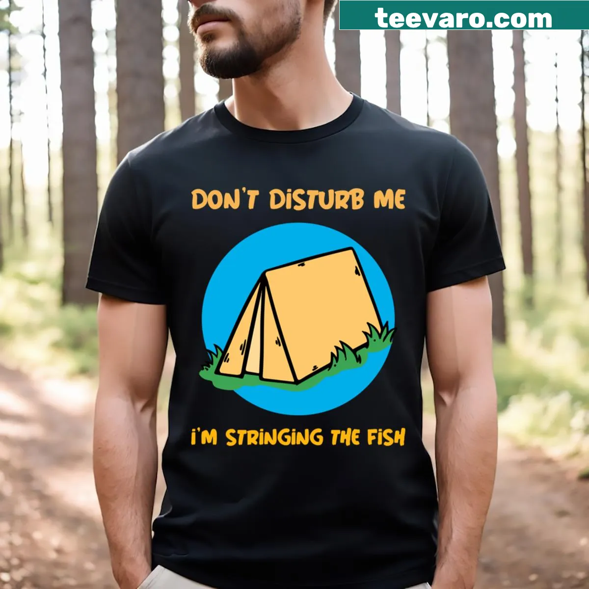 Funny fishing dad T-shirt with the message 'Don't Disturb Me I'm Stringing The Fish' — on a men's t-shirt