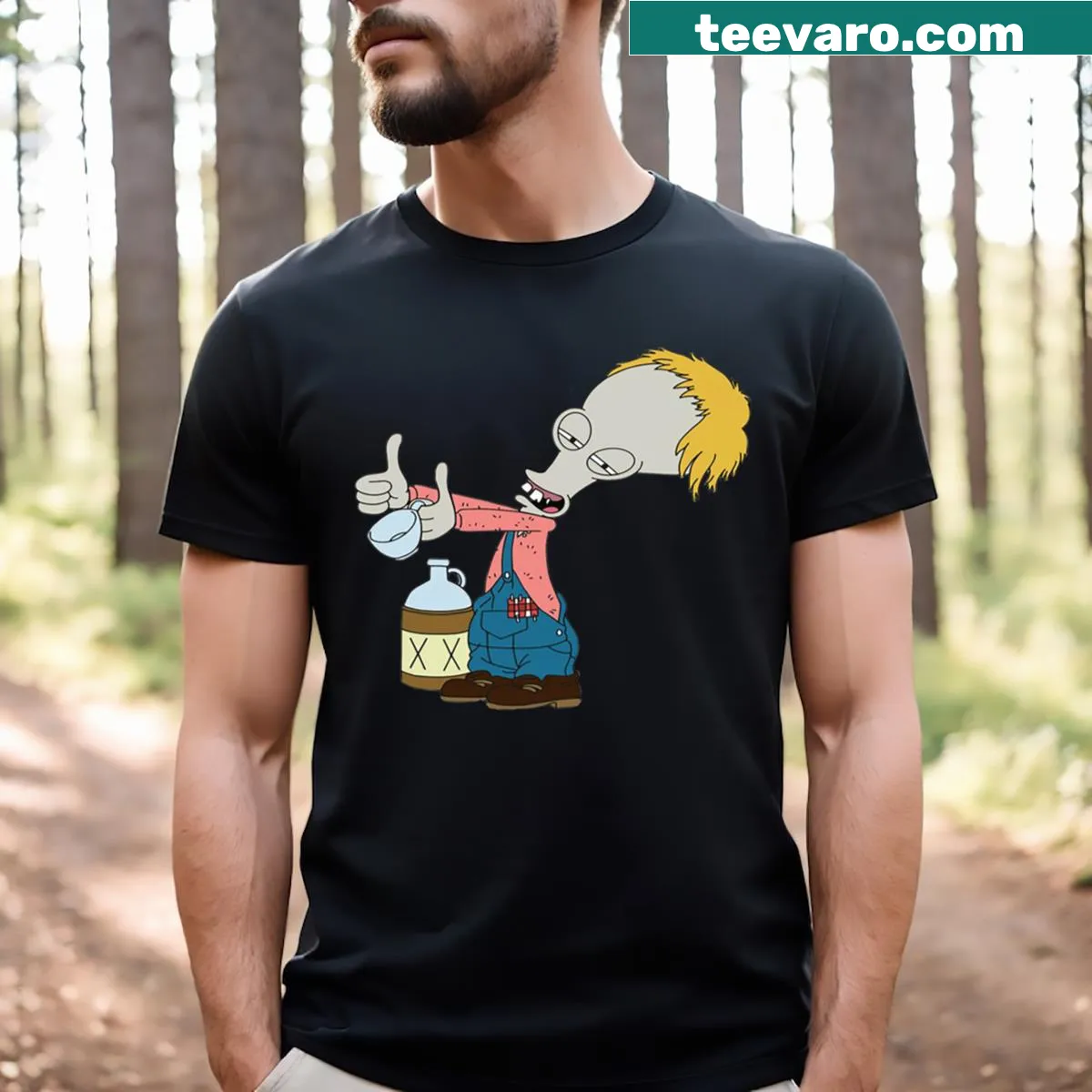 Cartoon alien character Roger humorously depicted as drunk — on a men's t-shirt