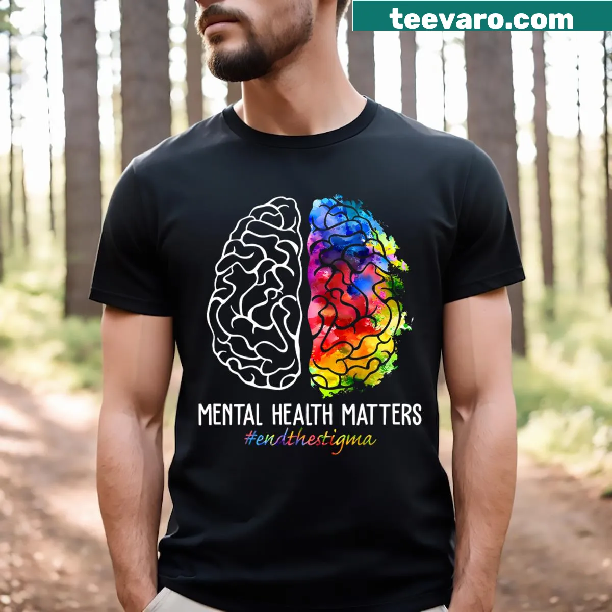 Bold text 'End The Stigma Mental Health Matters' T-shirt design — on a men's t-shirt