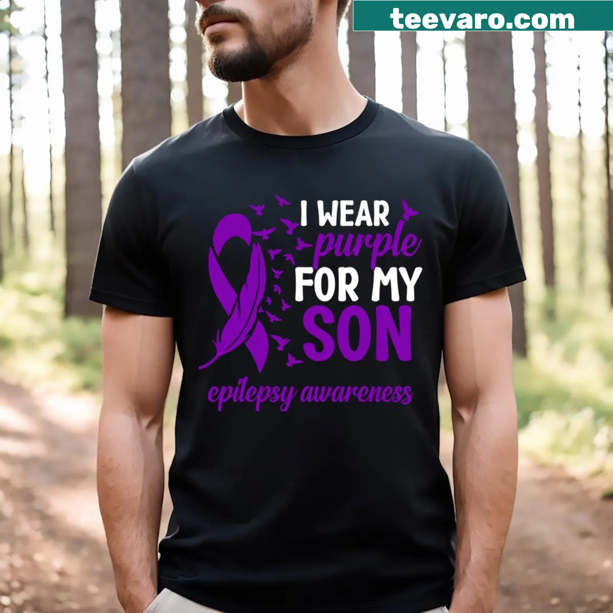 Epilepsy Awareness tee with purple text saying I Wear Purple For My Son — on a men's t-shirt